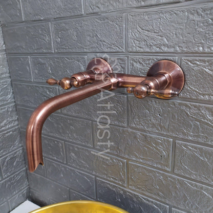 Copper Finish Wall Mounted Bathroom Vessel Sink Faucet With Lever Handles