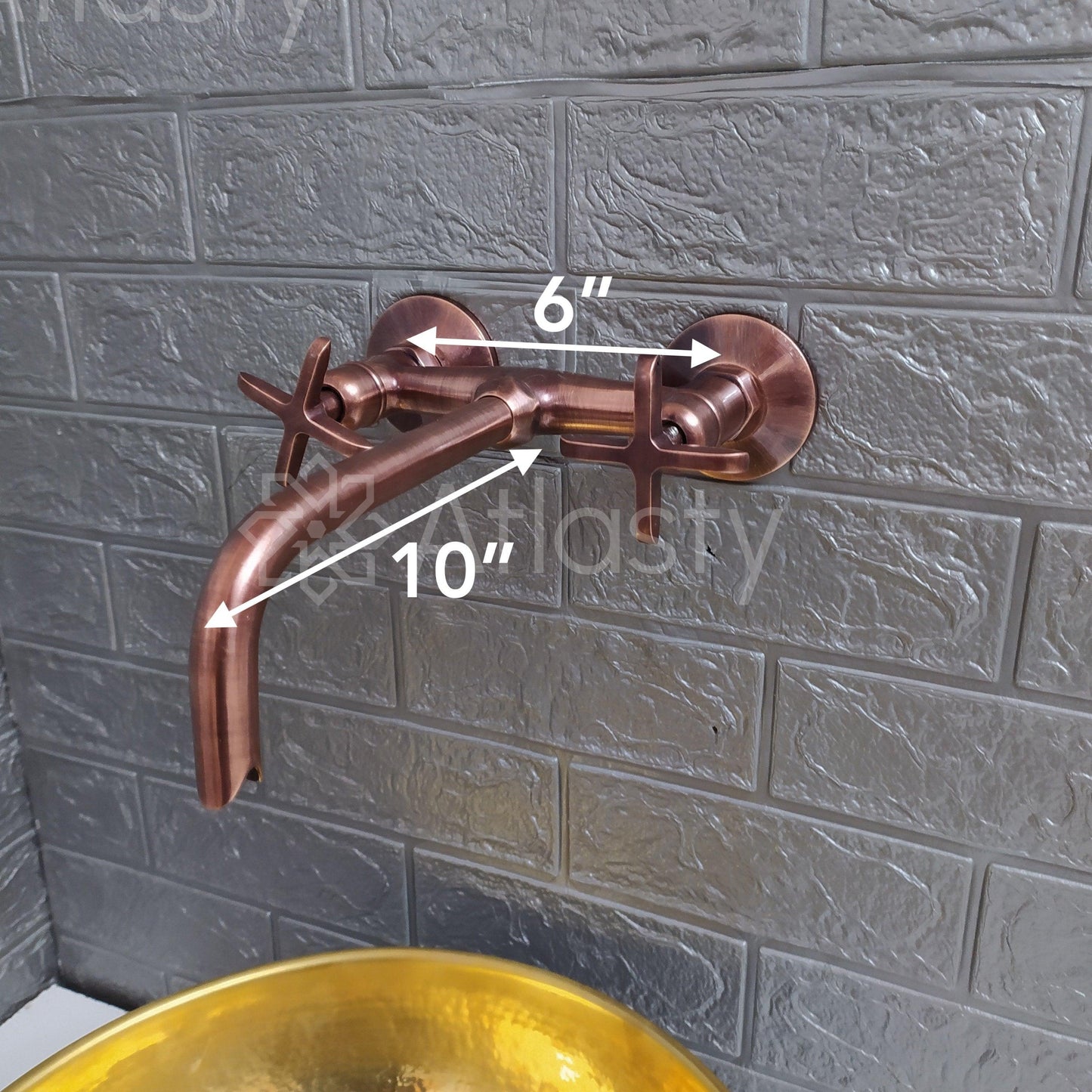 Copper Finish Wall Mounted Bathroom Vessel Sink Faucet With Cross Handles