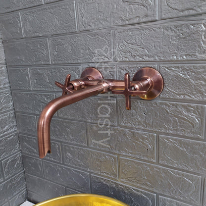 Copper Finish Wall Mounted Bathroom Vessel Sink Faucet With Cross Handles
