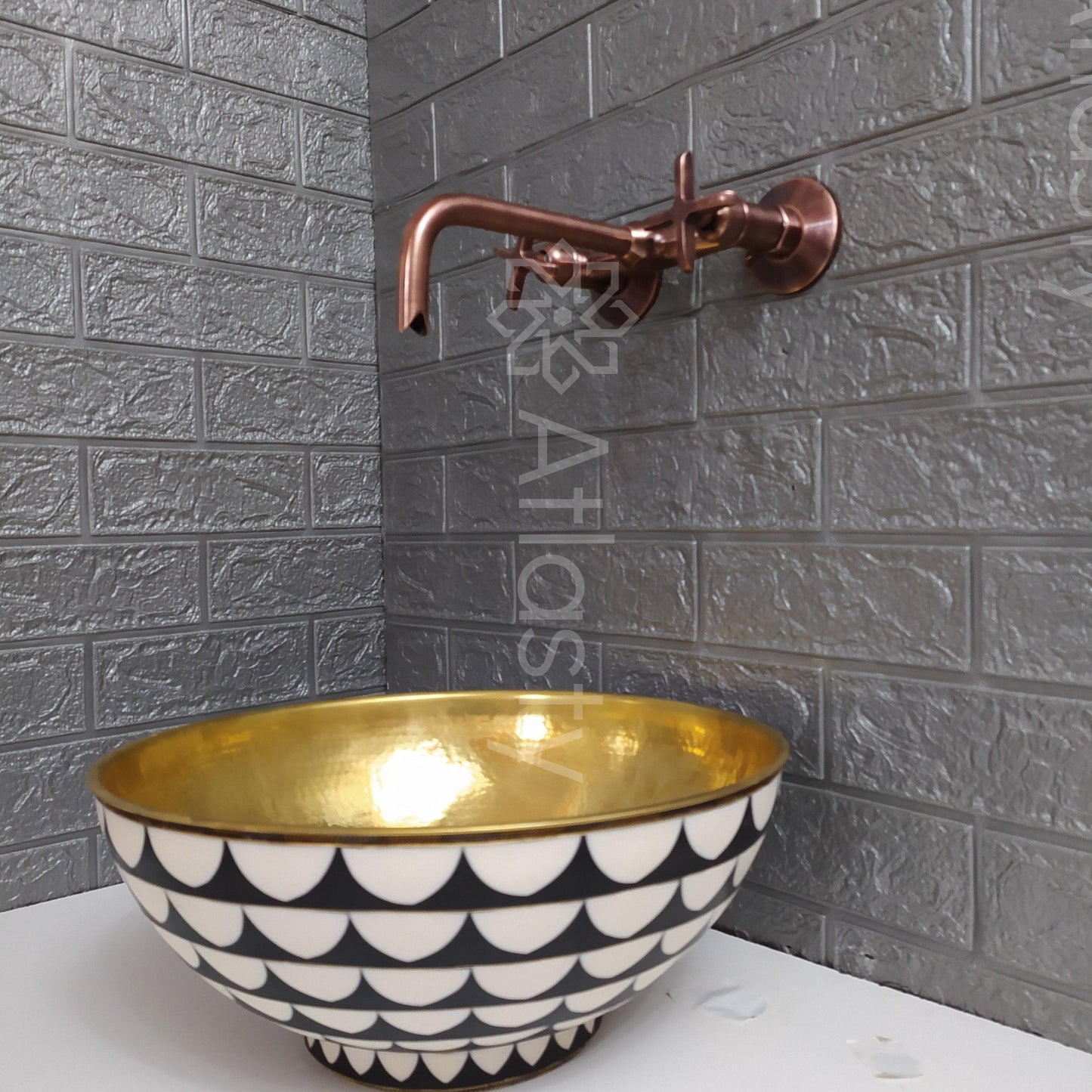 Copper Finish Wall Mounted Bathroom Vessel Sink Faucet With Cross Handles