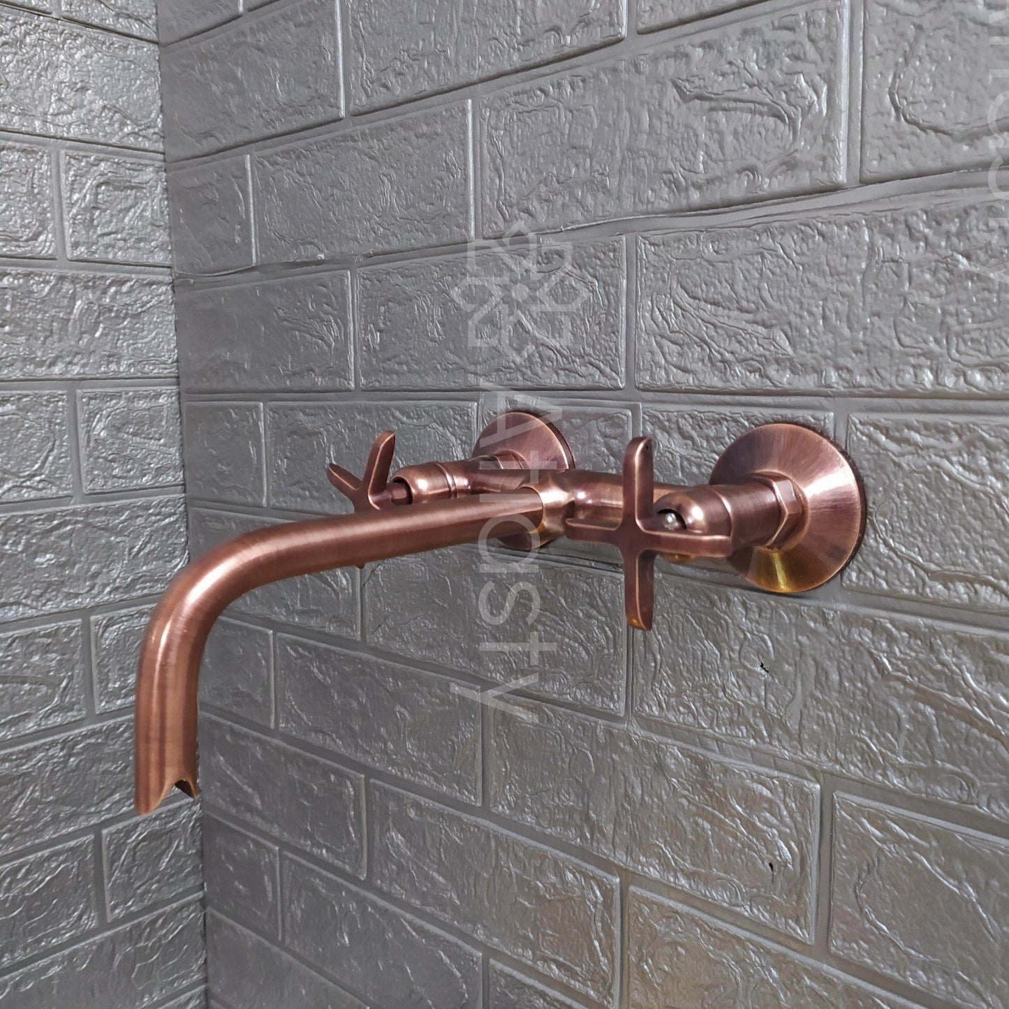 Copper Finish Wall Mounted Bathroom Vessel Sink Faucet With Cross Handles