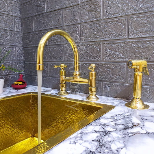 Unlacquered Brass Bridge Kitchen Faucet with Sprayer, Cold Water Tap, and Lever Handles - Ref: APL-99