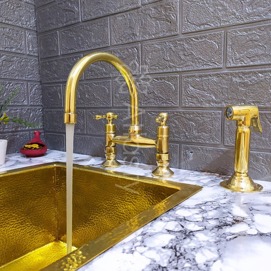 Unlacquered Brass Bridge Kitchen Faucet with Sprayer, Cold Water Tap, and Lever Handles - Ref: APL-99