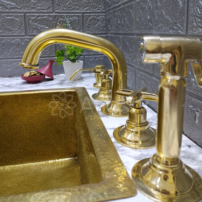 Unlacquered Brass 3 Holes Faucet with Cross or Lever Handles, Sprayer, and Soap Dispenser - Timeless Design for Kitchen or Bathroom