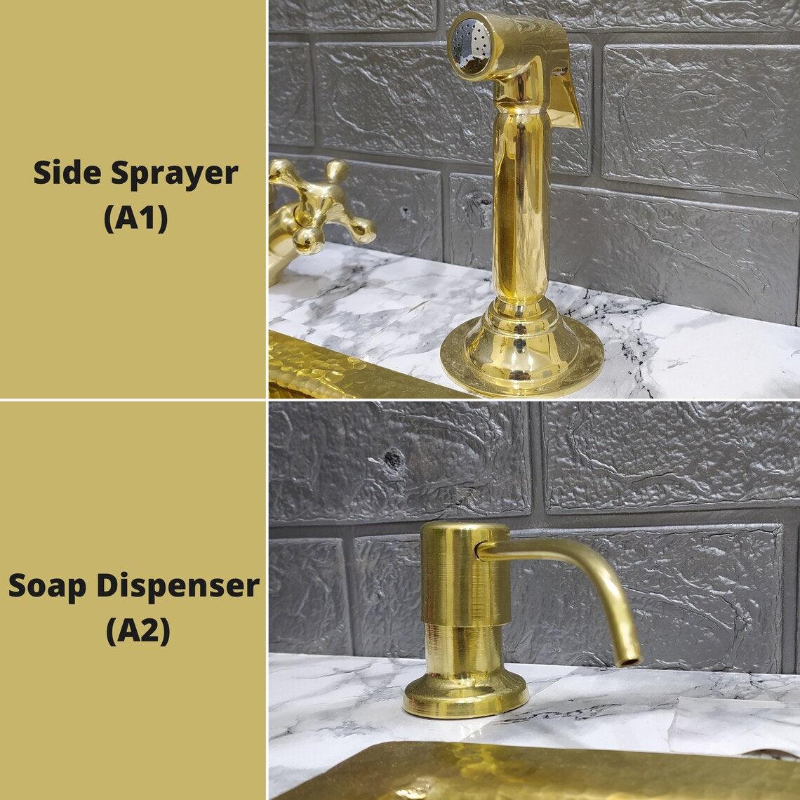Unlacquered Brass 3 Holes Faucet with Cross or Lever Handles, Sprayer, and Soap Dispenser - Timeless Design for Kitchen or Bathroom
